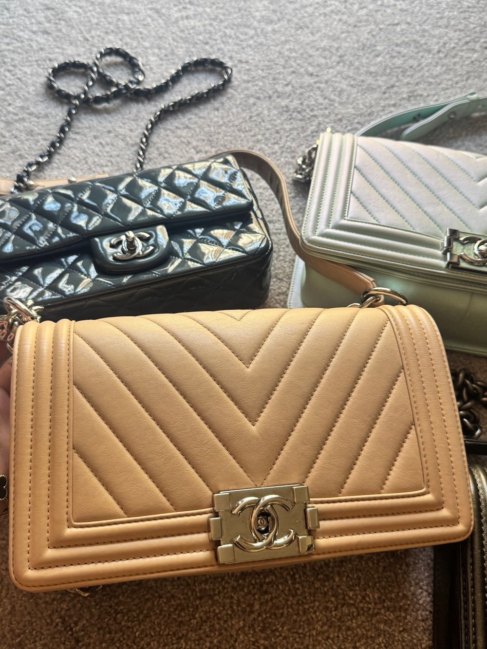 CHANEL Chevron Leather Boy Bag in Beige with Silver-Tone Hardware